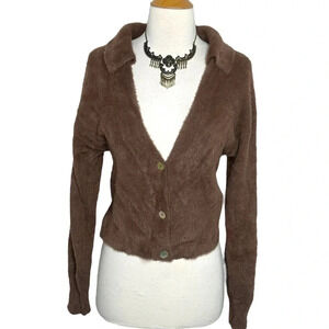 Pink Rose Cardigan Sweater S Brown Fuzzy Eyelash Knit Collared Cropped V-Neck‎
